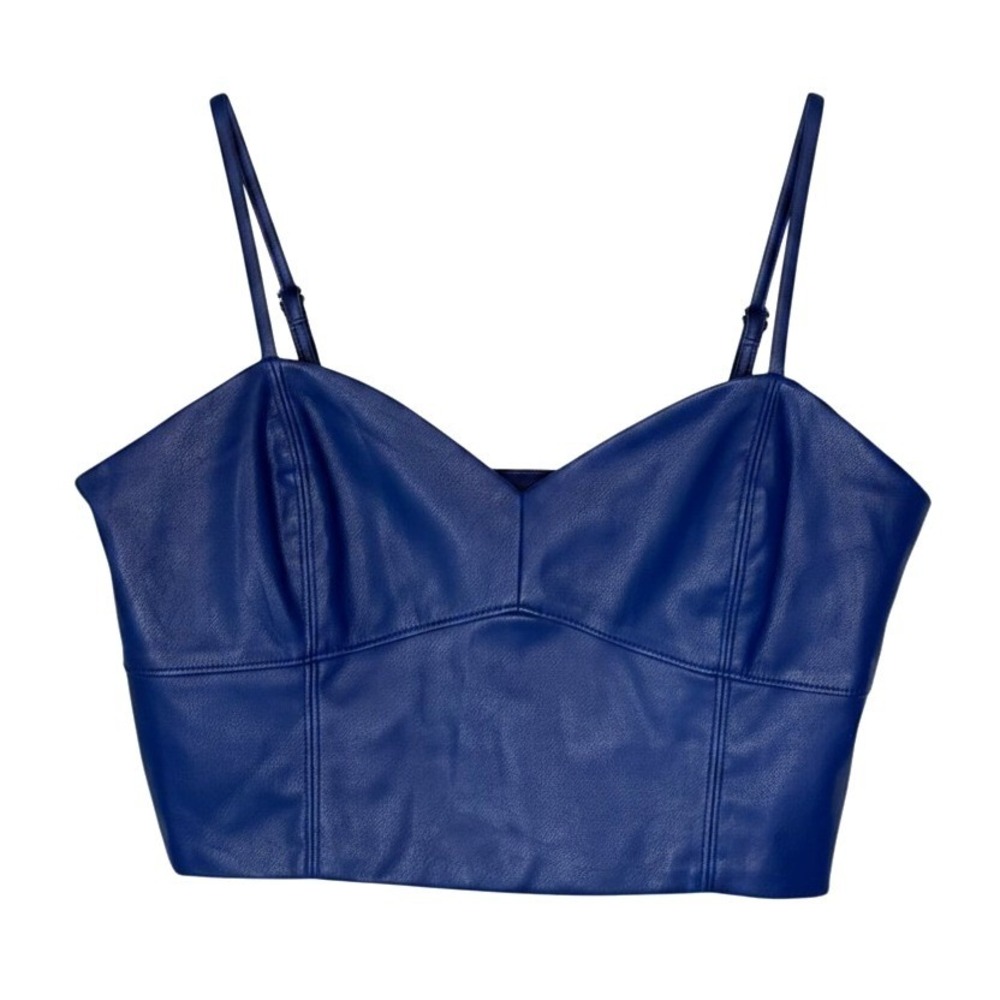Sans Souci Womens M Blue Faux Leather Bustier Crop Top Adjustable Straps Y2K